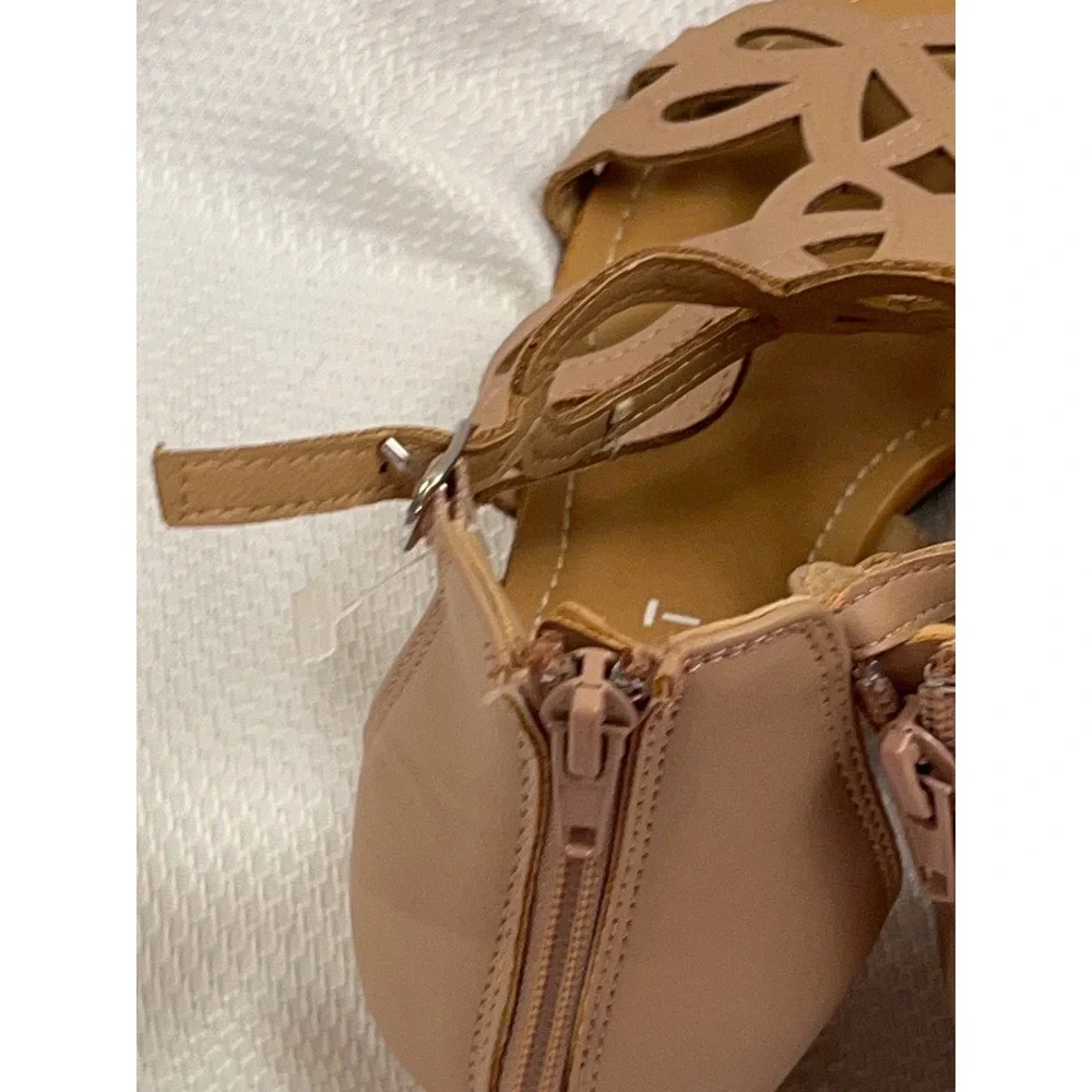 Esprit Wedge Sandals 7.5 Tan Laser Cut Cage Cork Heel Womens